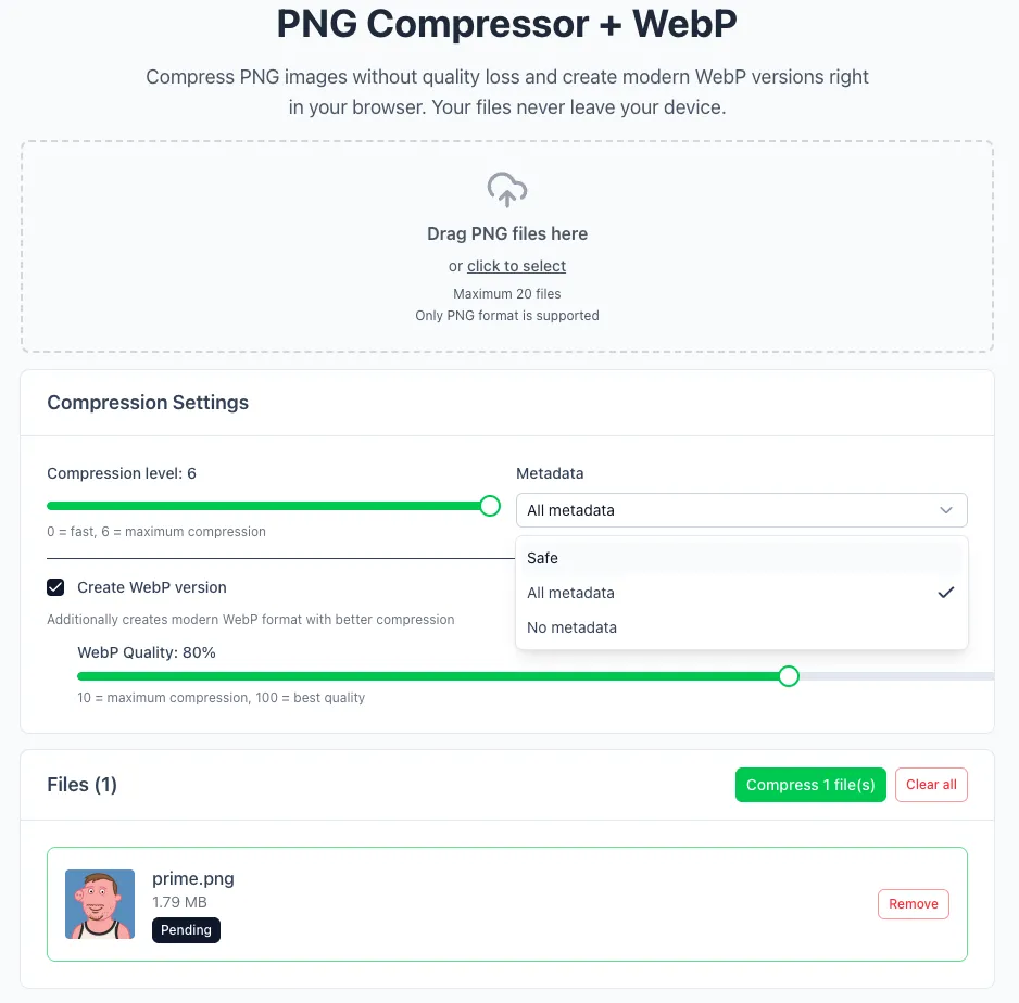 PNG Compressor + WebP preview